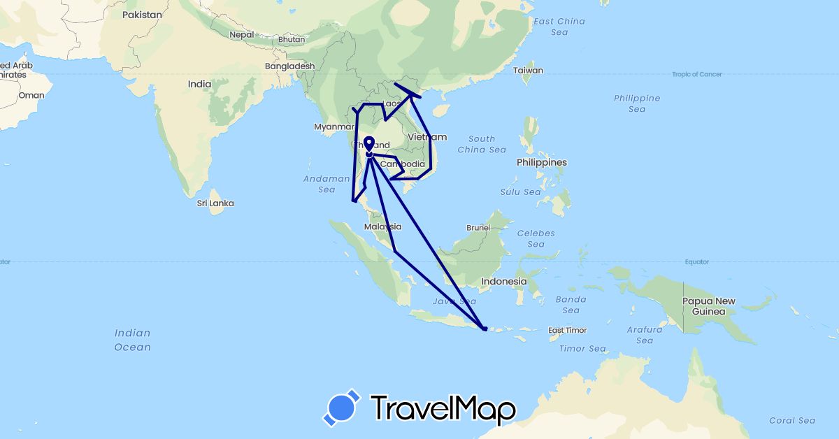 TravelMap itinerary: driving in Indonesia, Cambodia, Laos, Singapore, Thailand, Vietnam (Asia)